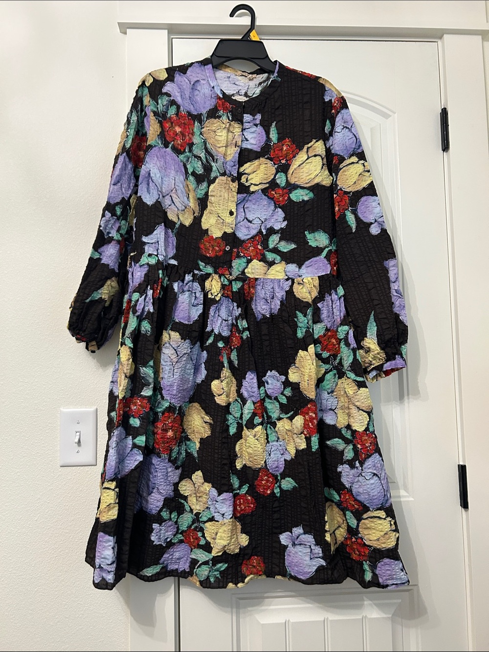 Black Floral Midi Dress with Puff Sleeves